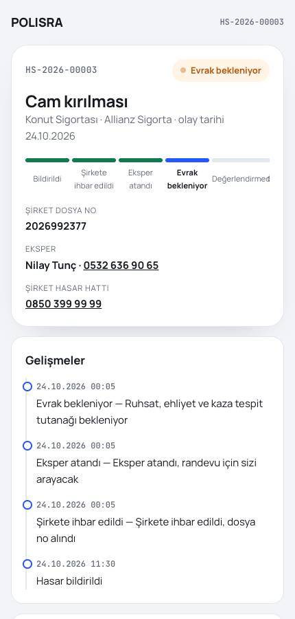 Hasar dosyası takip sayfası