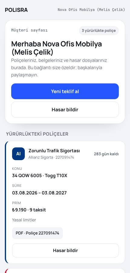 Müşteri portalı: poliçeler, PDF, taksitler
